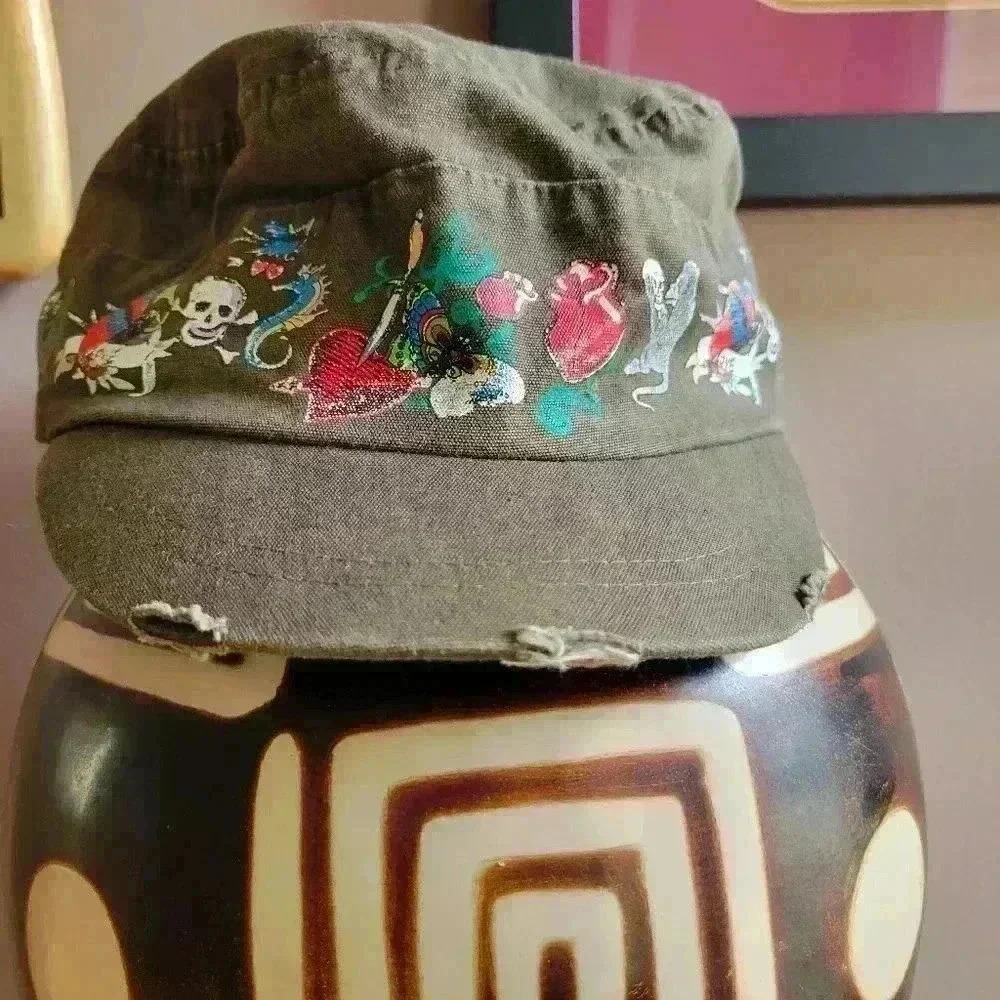 Women Military Cap Light Brown Monkey Butterfly Flowers Hart Seahorses Skulls - Picture 7 of 9